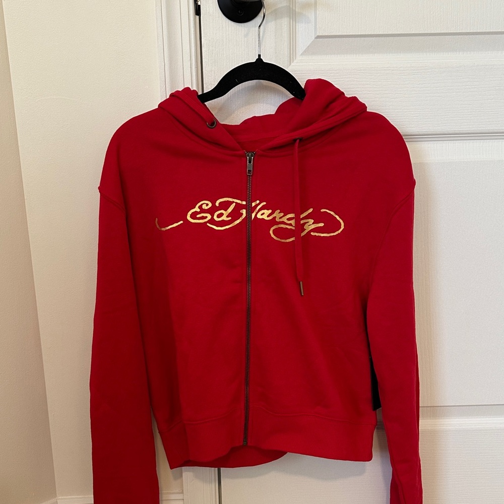NWT Ed Hardy Crimson Hoodie with Gold Logo